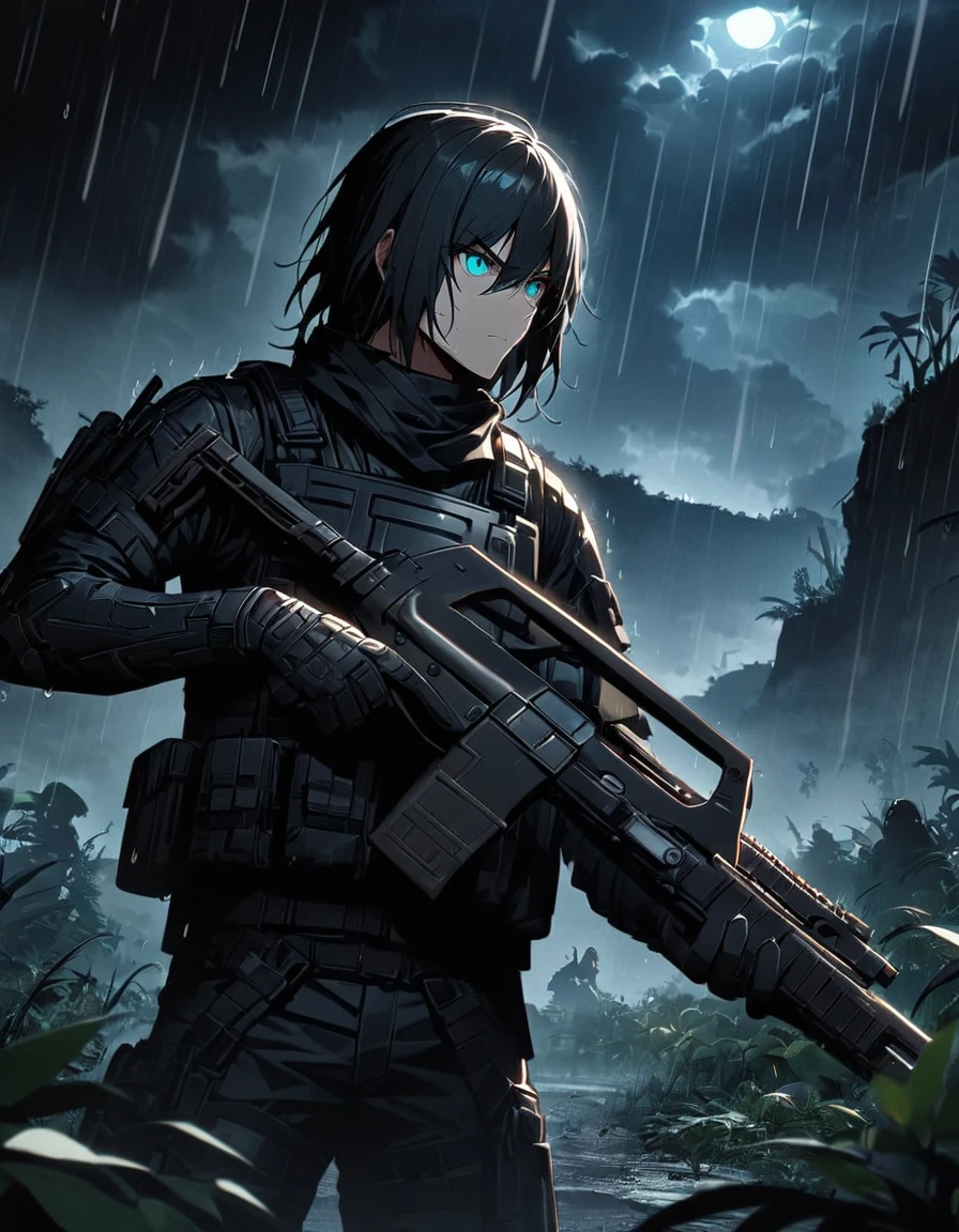 Masterpiece, best quality, 1 man, A 30-year-old man, Focus Man, alone, alone focus, black hair, Turquoise eyes, Black bulletproof vest, Mercenaries, (Holding an assault rifle),M16 A4, Standing position, Standing positionยิง, Battlefield backdrop,jungle, Dark theme, Overgrown forest, Diffused light, rain, Moonlit clouds, War zone, serious, A solemn face, Hazardous atmosphere.