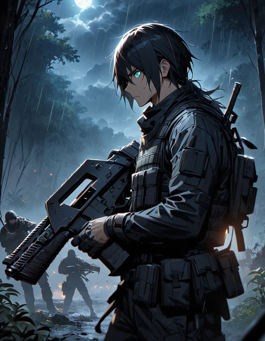 Masterpiece, best quality, 1 man, A 30-year-old man, Focus Man, alone, alone focus, black hair, Turquoise eyes, Black bulletproof vest, Mercenaries, (Holding an assault rifle),M16 A4, Standing position, Standing positionยิง, Battlefield backdrop,jungle, Dark theme, Overgrown forest, Diffused light, rain, Moonlit clouds, War zone, serious, A solemn face, Hazardous atmosphere.