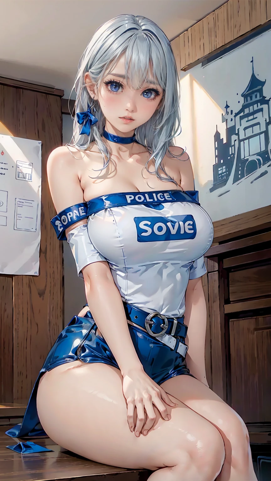 8k,highres,Ultra-high resolution, Ultra-high resolution, Ultra-high resolution, Ultra-high resolution,Detailed depiction, Simple Background, masterpiece, Great illustrations, Beautiful Face,Busty female police officer,光沢のbelt付きタイトスカート,Silver Hair、Bold off-the-shoulder uniform,Embarrassed expression, Cowboy Shot, Office Background, indoor, (belt, tight belt), (choker, White sleeves), Big Blue Eyes、Tempting、City of night、Glossy skin,Shiny, shiny vinyl clothing,Adult、ribbon,Red cheeks,Sexy pose、Sitting、Sulky face、Upper body emphasis,Very large breasts、princess、Looking down、A look of contempt、sadist,Looking down,From below,On the roof of an office building、