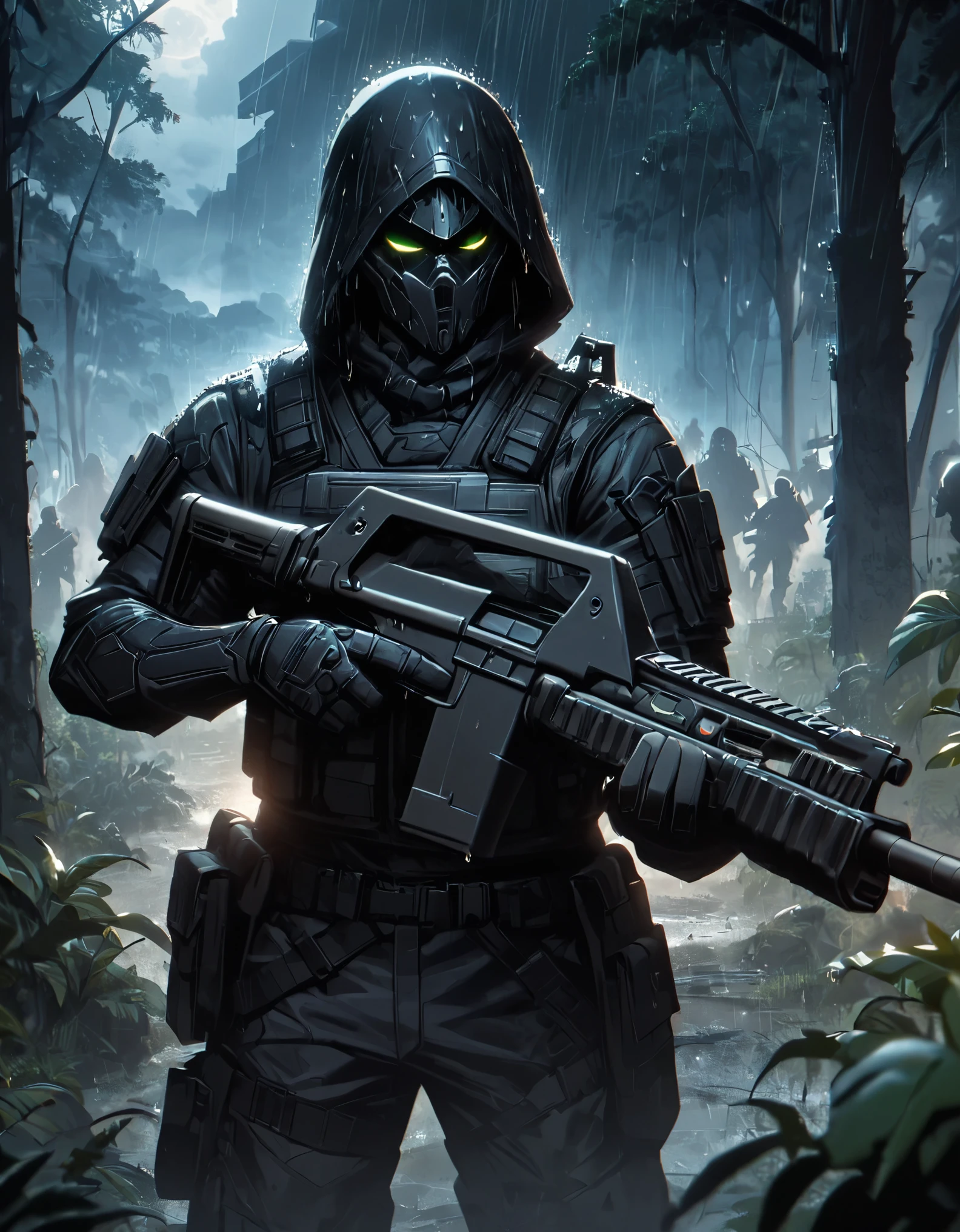 Masterpiece, best quality, 1 man, A 30-year-old man, Focus Man, alone, alone focus, black hair, Turquoise eyes, Black bulletproof vest, Mercenaries, (Holding an assault rifle),M16 A4, Standing position, Standing positionยิง, Battlefield backdrop,jungle, Dark theme, Overgrown forest, Diffused light, rain, Moonlit clouds, War zone, serious, A solemn face, Hazardous atmosphere.