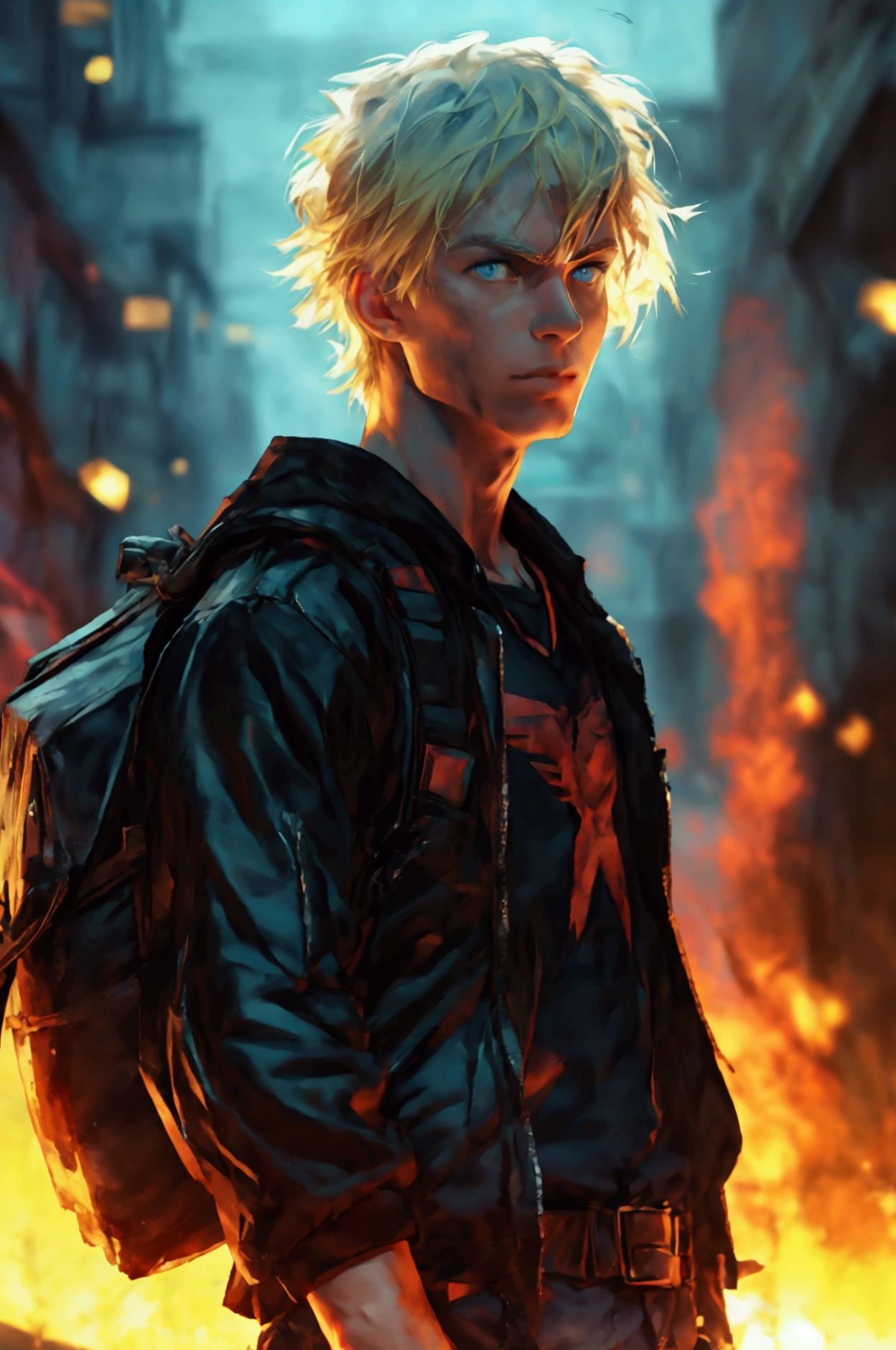 A close-up and front view of a young adult with an athletic body, clearly masculine with marked features, 1,9metros, blonde hair and blue eyes, Russian ancestry, He wears a black varsity jacket with red details, Inside he is wearing a black t-shirt with what appears to be a military logo., a large backpack on his back and a 9mm in a cross-body holster. apocalipsis zombie. city night. Car on fire. sportsman.