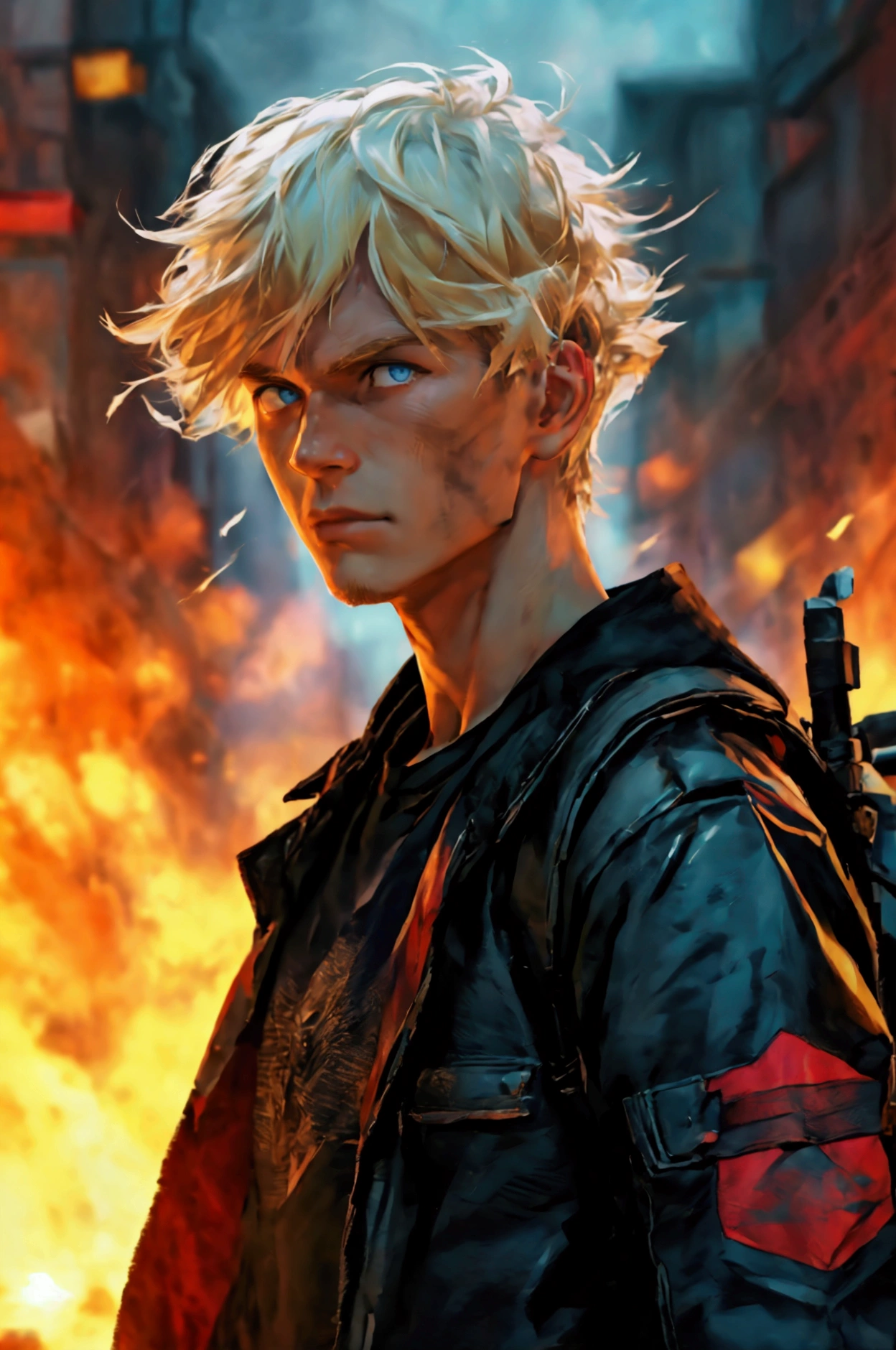 A close-up and front view of a young adult with an athletic body, clearly masculine with marked features, 1,9metros, blonde hair and blue eyes, Russian ancestry, He wears a black varsity jacket with red details, Inside he is wearing a black t-shirt with what appears to be a military logo., a large backpack on his back and a 9mm in a cross-body holster. apocalipsis zombie. city night. Car on fire. sportsman.