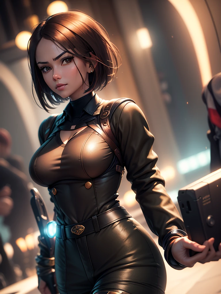 (at night), in a video game scene in the background, a beautiful city at night, raining, alone, standing looking straight ahead, military clothing with military green skirt and pants, black gloves, semi-short hair, ((semi-short hair)), 1 girl, 30 years old, young woman, perfect hands, Beautiful fingers, Beautiful long legs, Beautiful body, Beautiful nose, Beautiful character design, perfect face, looking straight at the viewer with a serious gesture and very upset, she has a black whip in her hand (focusing on her face), mouth closed, light_smile, official art, extremely detailed CG unity 8k wallpaper, perfect lighting, bright and colorful front lighting, shiny skin (artwork master: 1.0), (Best_quality: 1.0), ultra High resolution, 4k, ultra detailed photography, 8K, hdr, High resolution, Nonsense:1.2, Kodak portrait 400, film grain, Blurred background, bokeh:1.2, Flash lens, (vibrant_color:1.2), professional photography, (Beautiful, breasts: 1.4), (Beautiful_face: 1.5), (narrow waist),
