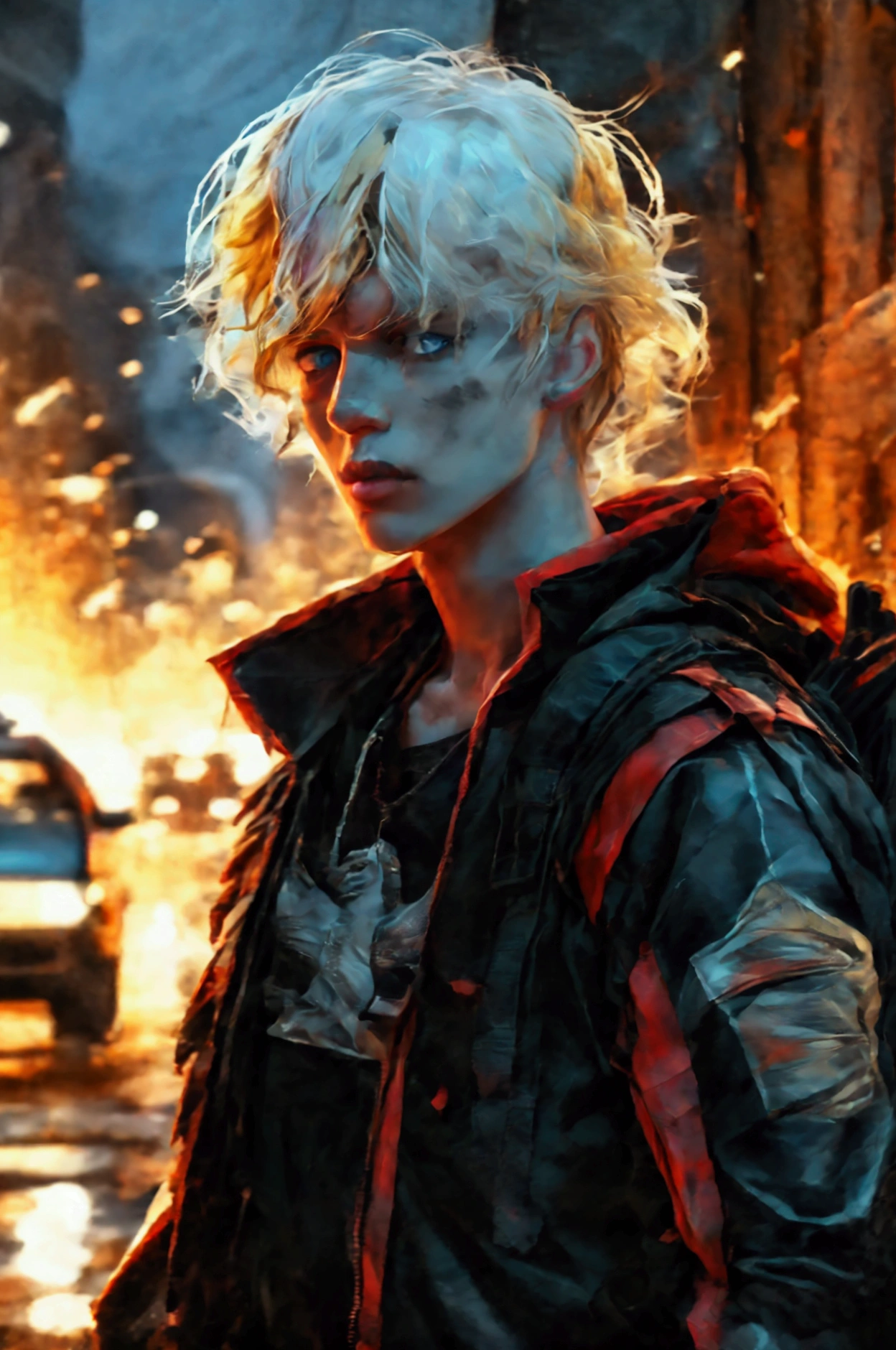 (highest resolution, distinct_Image) Best Quality, A close-up and front view of a young adult with an athletic body, clearly masculine with marked features, 1,9metros, blonde hair and blue eyes, Russian ancestry, He wears a black varsity jacket with red details, Inside he is wearing a black t-shirt with what appears to be a military logo., a large backpack on his back and a 9mm in a cross-body holster. apocalipsis zombie. city night. Car on fire. sportsman.