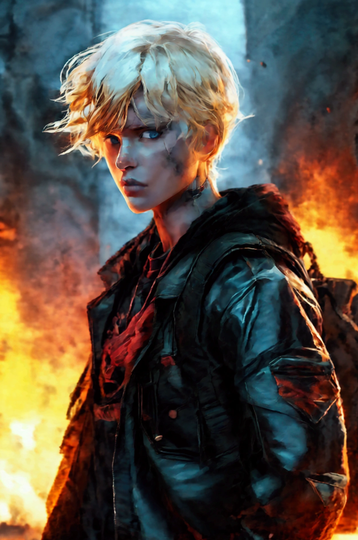 (highest resolution, distinct_Image) Best Quality, A close-up and front view of a young adult with an athletic body, clearly masculine with marked features, 1,9metros, blonde hair and blue eyes, Russian ancestry, He wears a black varsity jacket with red details, Inside he is wearing a black t-shirt with what appears to be a military logo., a large backpack on his back and a 9mm in a cross-body holster. apocalipsis zombie. city night. Car on fire. sportsman.