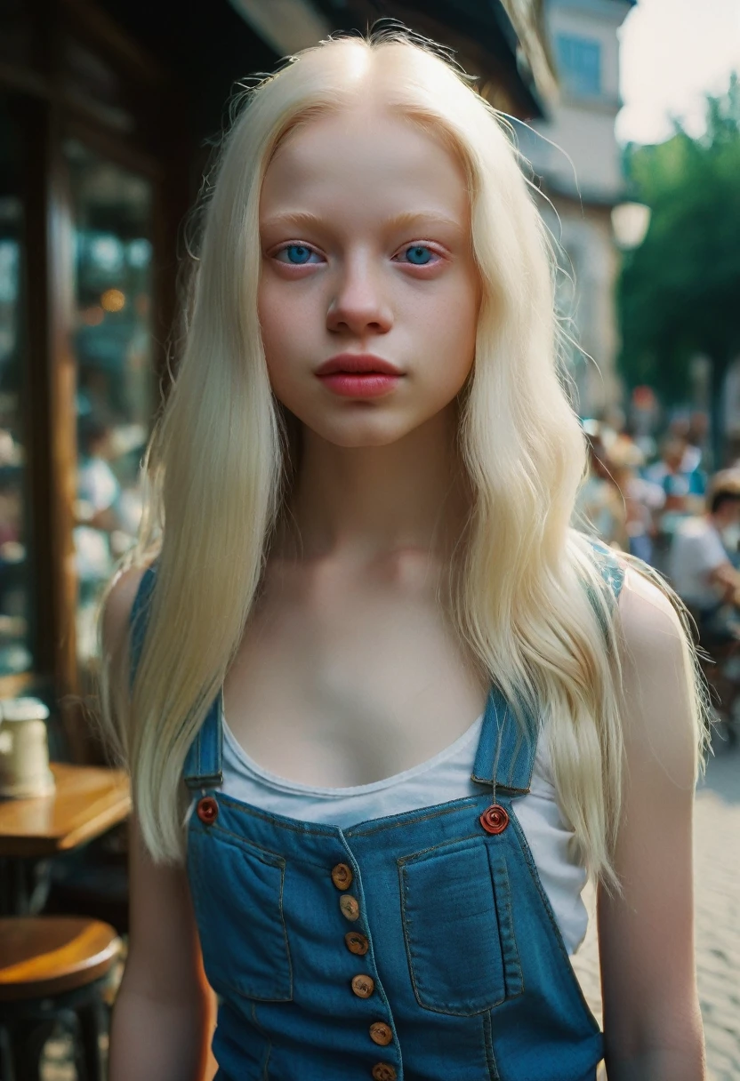 ween Ukrainian girl with long hair, albino, lovely eyes, plump lips, full lips, button nose, pale skin, flat chest, with a more elegant and sophisticated touch which corresponds to her mysterious and strong personality. Her appearance would be striking, attracting curious and intrigued glances, flat chested. Standing outside a cafe in denim shorts and crop tank top, cinematic lighting, chromatic aberration, Backlight, masterpiece, high detail, high quality, 4K.
