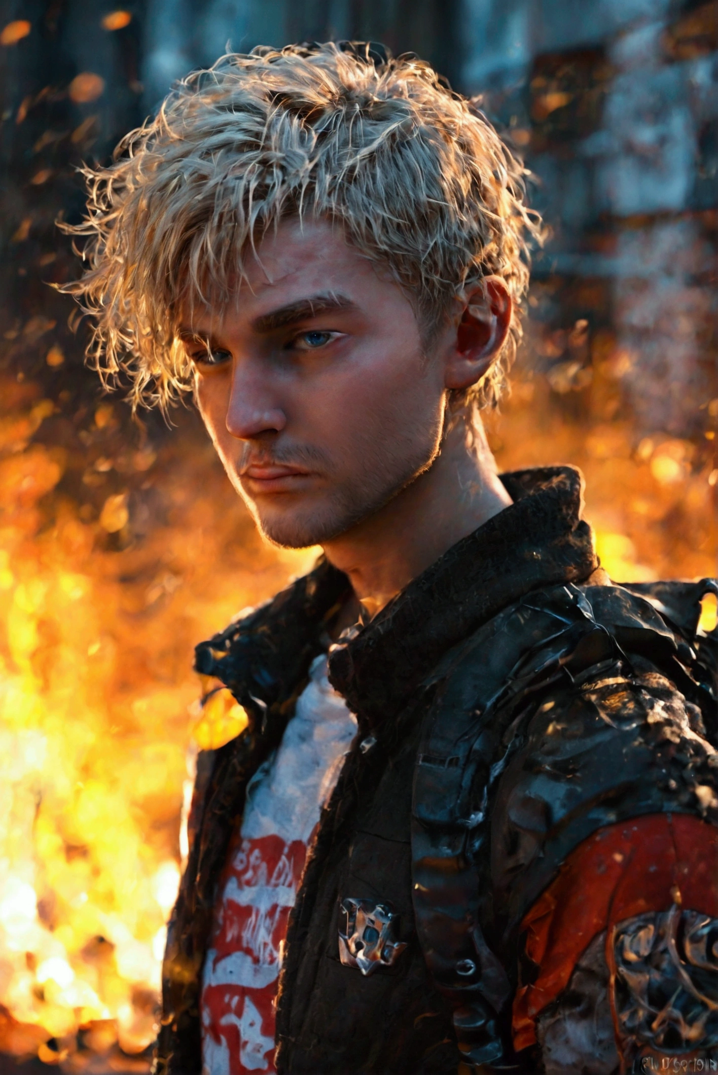 A close-up and front view of a young adult with an athletic body, clearly masculine with marked features, 1,9metros, blonde hair and blue eyes, modern haircut, Russian ancestry, He wears a black varsity jacket with red details, Inside he is wearing a black t-shirt with what appears to be a military logo., a large backpack on his back and a 9mm in a cross-body holster. apocalipsis zombie. city night. Car on fire. sportsman.