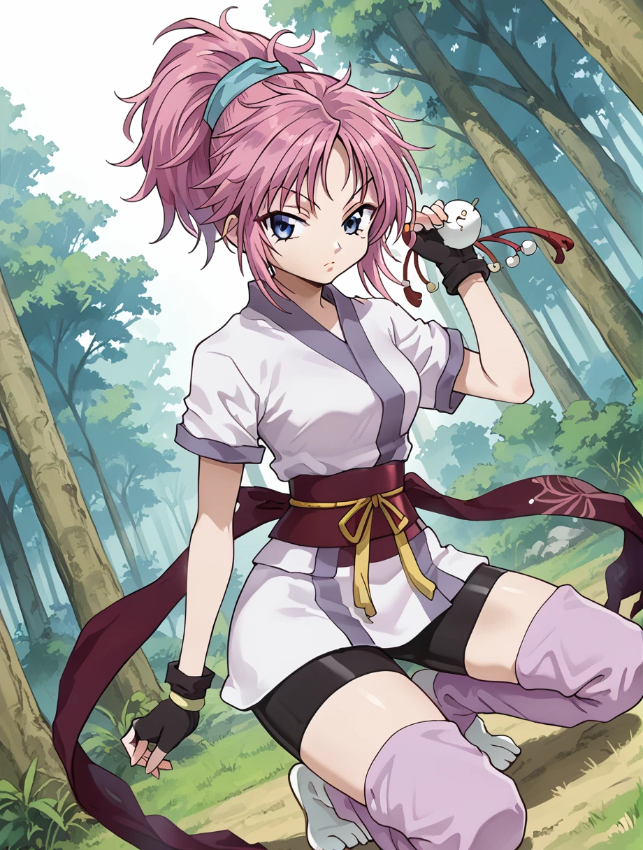 score_9,score_8_up,score_7_up,score_6_up,source_anime,dutch angle,1girl,medium breasts,machi01, blue eyes, ponytail, pink hair, purple hair,portrait, ponytail, japanese clothes, sash, gloves, fingerless gloves, short sleeves, bike shorts,ninja,sash,obi, pink purple socks,tabi, in forest,