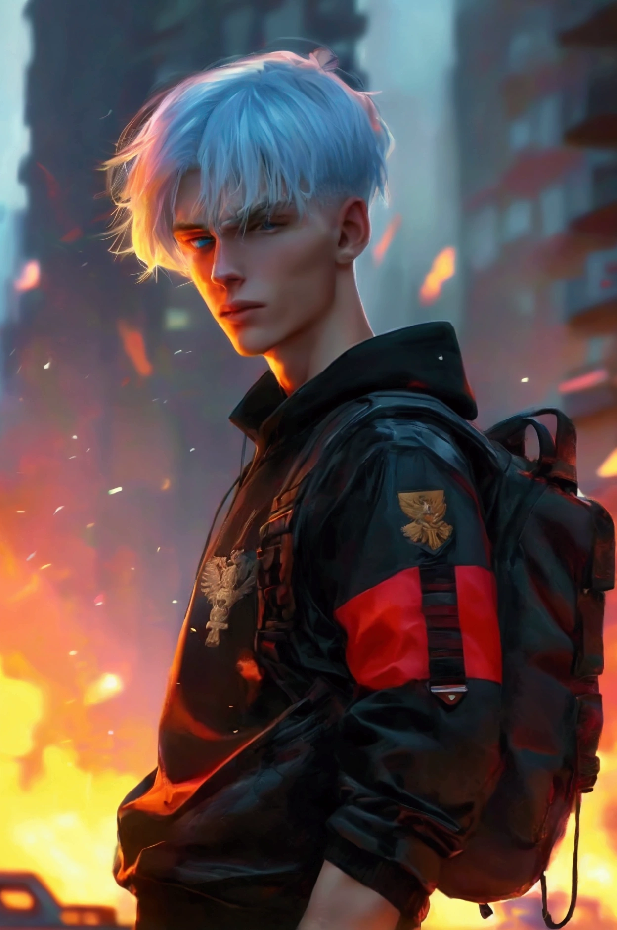 Close-up and front view of a young adult with an athletic body, clearly masculine with marked features, 1,9 meters, blonde hair and blue eyes, Fade hair cut, Russian ancestry, He wears a black varsity jacket with red details, Inside he is wearing a black t-shirt with what appears to be a military logo., a large backpack on his back and a 9mm in a cross-body holster. apocalipsis zombie. evening. city. Car on fire. sportsman.