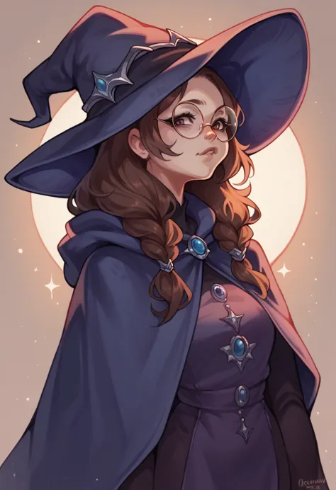 witch, wearing blue medevial clothes with a wizard hat, round glasses, full upper body portrait,  female, 1girl, brown hair, bro...