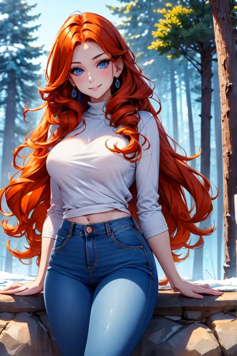 winter forest background, light-blue-eyes, woman, delicate, smile, hair over one eye, orange hair, white sweater, wearing jeans ...