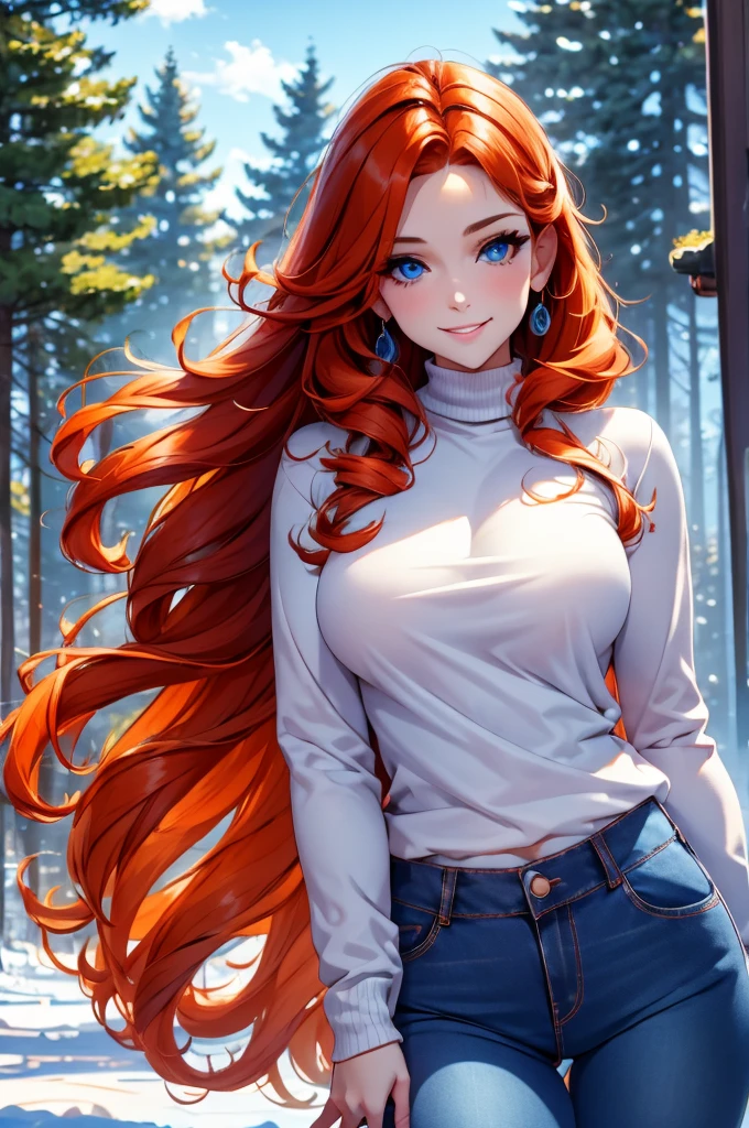 winter forest background, light-blue-eyes, woman, delicate, smile, hair over one eye, orange hair, white sweater, wearing jeans pants