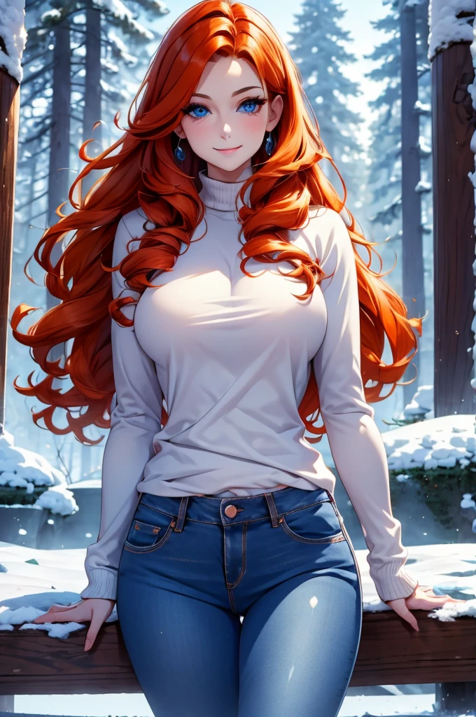 winter forest background, light-blue-eyes, woman, delicate, smile, hair over one eye, orange hair, white sweater, wearing jeans pants