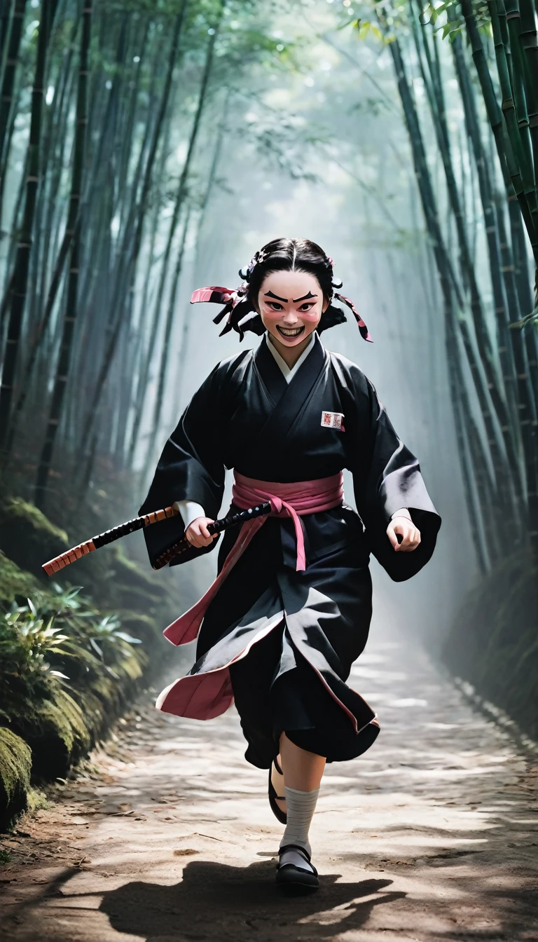 Generate a digital artwork of a girl dressed as Nezuko Kamado from 'Demon Slayer: Kimetsu no Yaiba', with a scary face as she runs towards the viewer. She should be wearing Nezuko's traditional attire, including the bamboo muzzle. The setting is a shadowy forest path, with fog and dim lighting to create a suspenseful mood.