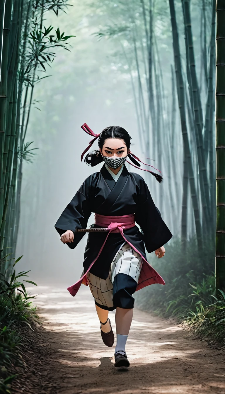 Generate a digital artwork of a girl dressed as Nezuko Kamado from 'Demon Slayer: Kimetsu no Yaiba', with a scary face as she runs towards the viewer. She should be wearing Nezuko's traditional attire, including the bamboo muzzle. The setting is a shadowy forest path, with fog and dim lighting to create a suspenseful mood.