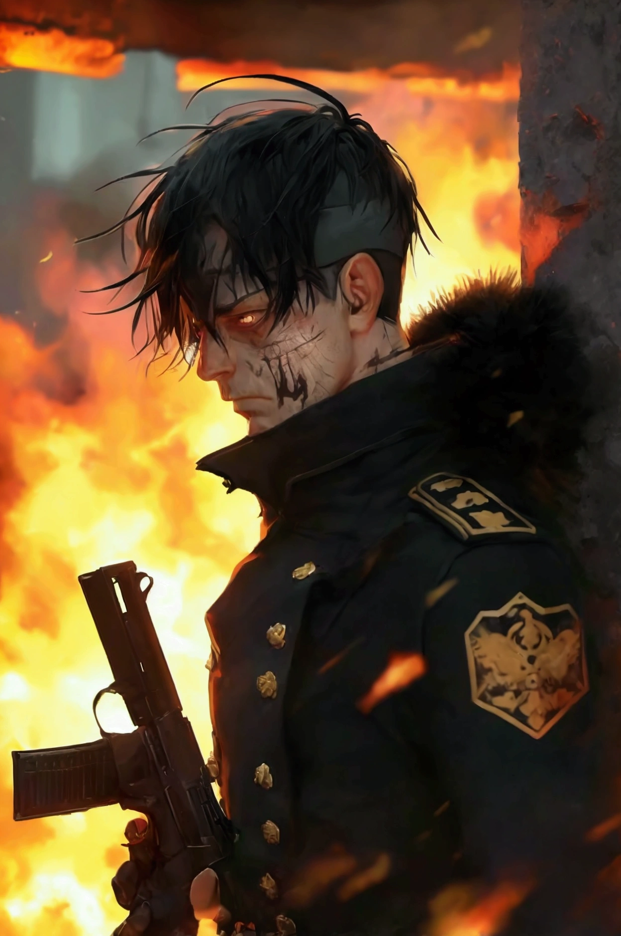 adult man. scar on face. black fur. well-built. military uniform. Severe appearance. apocalipsis zombie. shelter. Suffering nato. Firearm in hand.