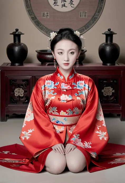 empress of the qing dynasty, a nude woman wearing a red floral hanfu jacket, squat down with your legs wide apart, front view, i...