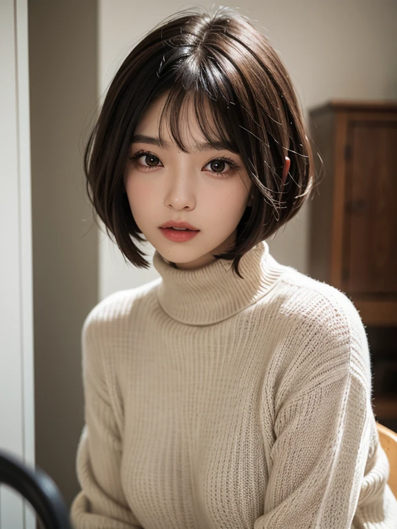 woman, bobcut, turtleneck sweater, raw photo, pov