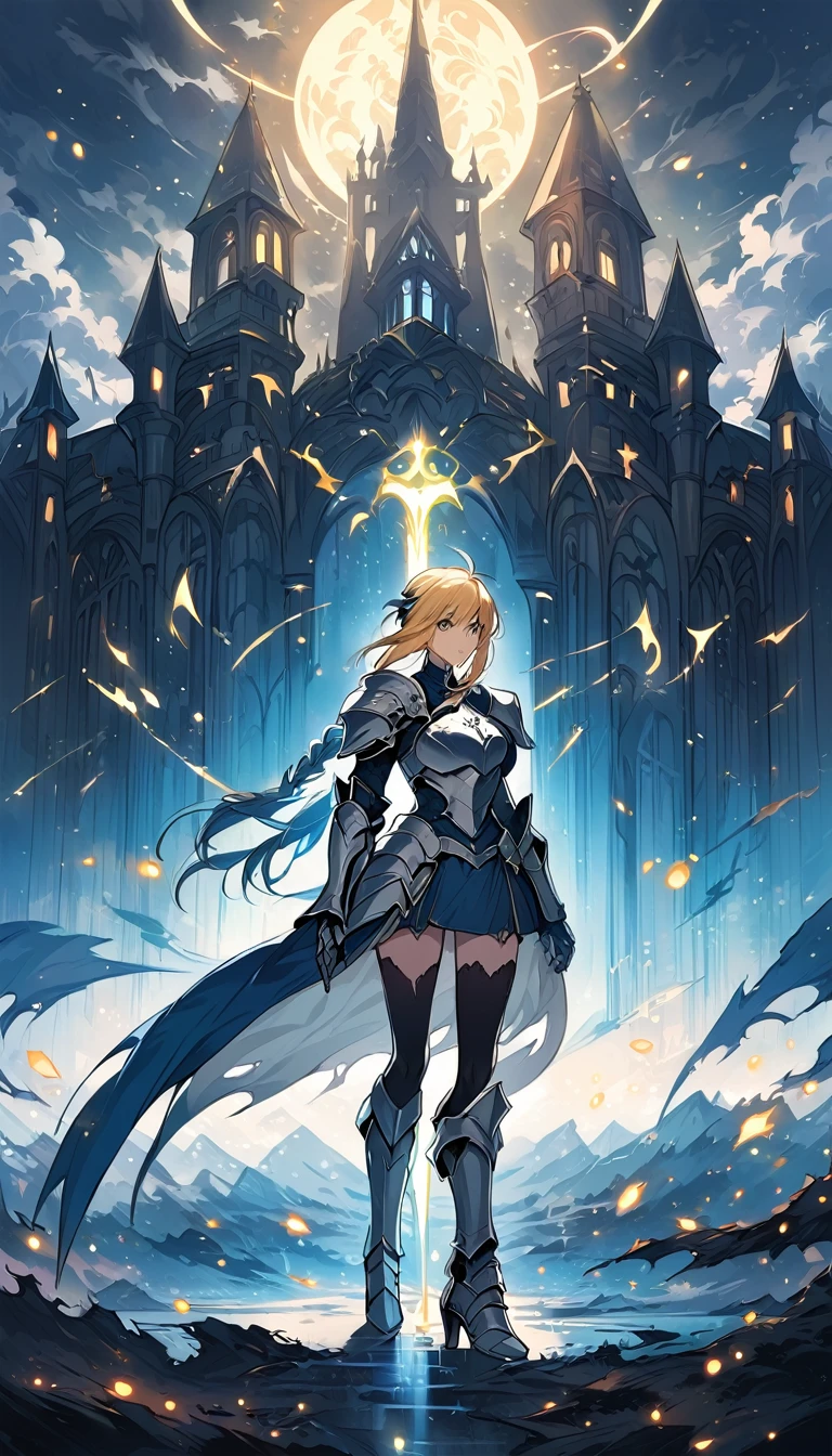 score_9, score_8_up, score_7_up, score_6_up, BREAK Anime - Stylistic image of Artoria Pendragon (braid, short dress, ribbon, hair ribbon, armor, gauntlets, armored dress, boots:1.2), BREAK cleavage, (standing with a large sword, resting on sword:1.3), BREAK Kushatt Krenz Key Art Women, Extremely detailed Artgerm, Artgerm on ArtStation Pixiv, BREAK Epic light novel art cover, gorgeous female paladin, trending on artstation pixiv, Portrait Chevaliers du Zodiaque Fille, BREAK dimly lit spooky mansion, midnight, shallow depth of field, BREAK highly detailed, bokeh, moody, epic, gorgeous, grainy, BREAK (ultra-detailed), (best illustration), (best shadow), (absurdres), (detailed background), (very aesthetic).