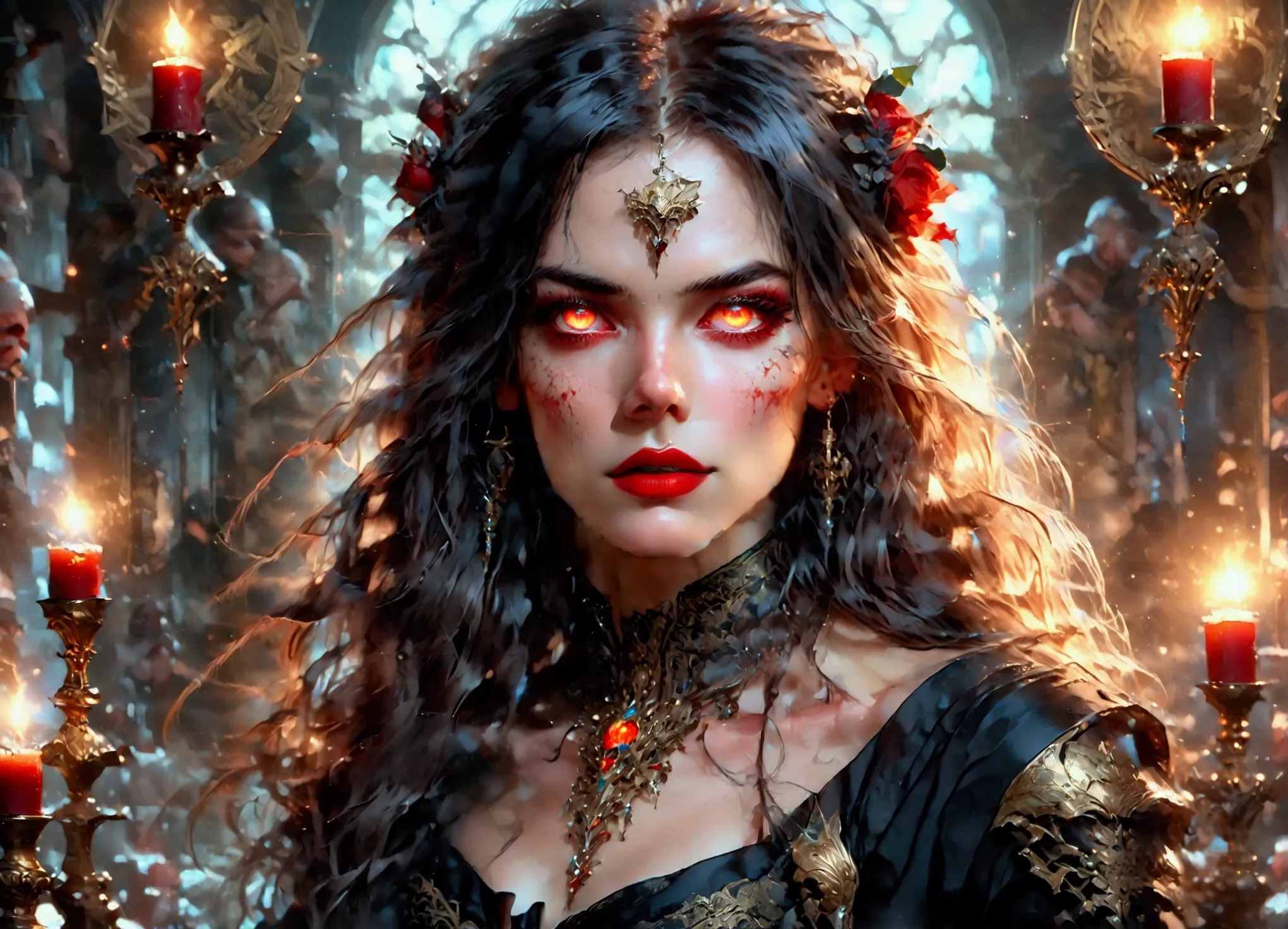 arafed, dark fantasy art, glamour shot, award winning shot, photorealistic, a portrait of a female vampire drinking a ((glass of...