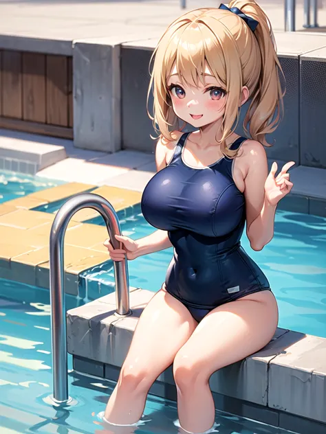 master piece,detailed,(((best quality))), ((((loli)))),(((cute))), ((petite)),(((big breasts))),smile,pool,((navy old school swi...