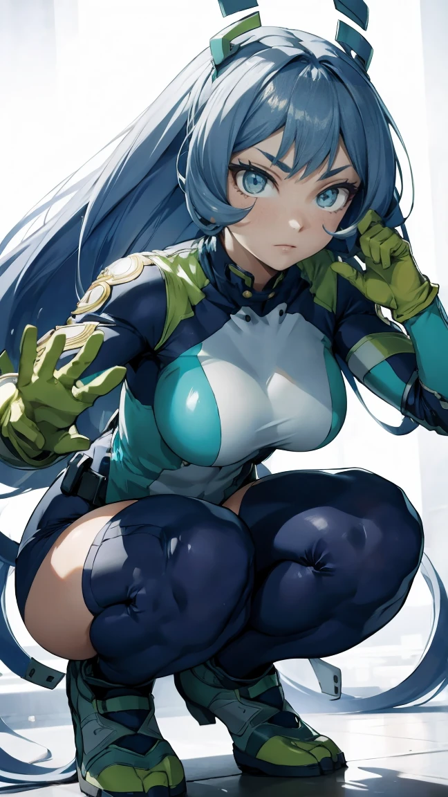 Nejirehadu, Nejire Wave, Blue eyes, blue hair, long hair,
壊す blue Body, Body, drill hair, gloves, green Body, multicolored Body, colorful clothes, yellow gloves,
((break the whole body)),Squat，spread your legs，hands up behind，
BREAK white background，BREAK снизу，Looking down，look down，
a tearing dynamic frame，kung fu pose，top quality, a high resolution, unity 8k wallpaper, (form:0.8), (Beautiful and detailed eyes:1.6), very detailed face, perfect offer, detailed computer graphics, (perfect hands, Ideal Anatomy),