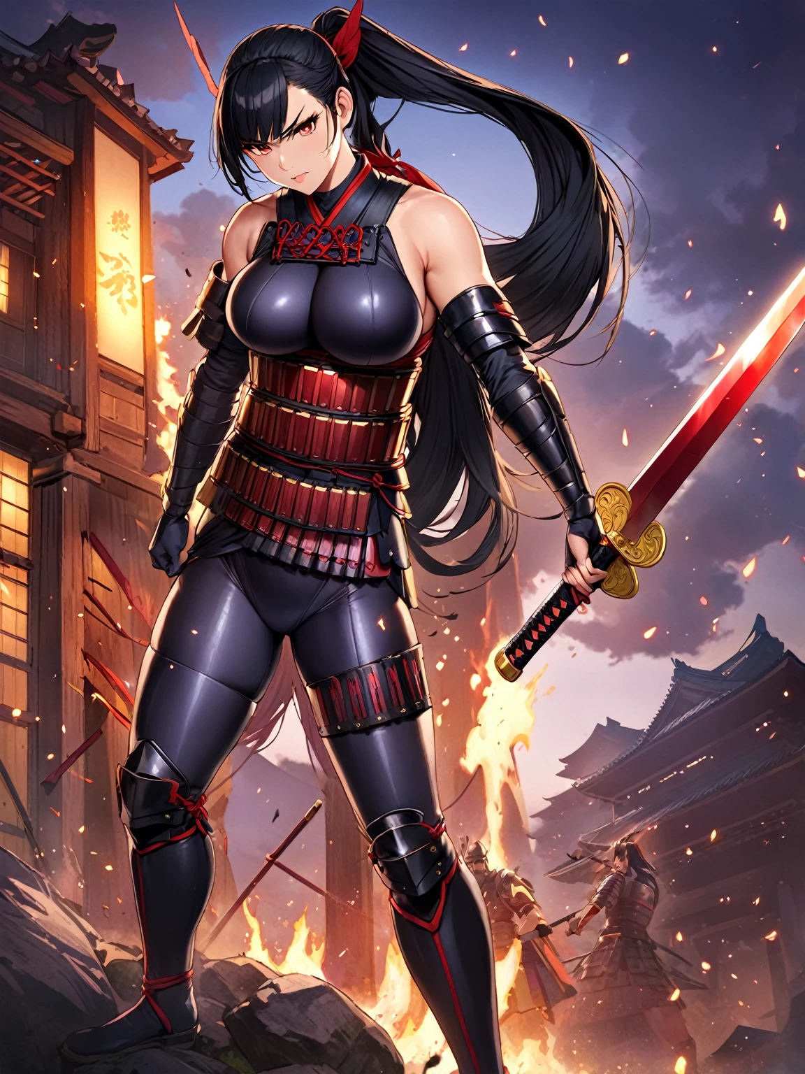 (One Japanese woman)、(Holding a Japanese sword)、(Black Hair)、(Long ponytail)、((Warrior Princess))、((Female Generals))、(Goddess of War)、((Old Japanese Armor))、((Holding the Japan sword))、(True to prompts)、(Deluxe)、(Feminine hourglass curves)、(Glaring with sharp eyes)、(sexy)、(((Huge huge breasts))),(Big Ass)、(Thick thighs)、(Outdoor)、(what&#39;Left behind)、((Large crowd))、(sunny)、(blue sky)、(((Best lighting)))、{{{Browsing Caution}}}、{{{masterpiece}}}, {{{Highest quality}}}, {{ultra-detailed}}, {{shape}}, {{{Very delicate and beautiful}}},{{extremely detailed CG}}、{{unity 8k portrait}}、{{Fabric Shading}}、{{super detailed skin}}、{{Perfect Anatomy}}、{{detailed}}、{{Dynamic Lighting}}、{{{beautiful detailed eyes}}}、{{{beautiful detailed Face}}}、{{{Realistic, RAW Photos}}}、(Perfect Face)、(非常にdetailedな顔)、(Perfect Eyes)、(Perfect Legs)、(Perfect breasts)、(Perfect pose)、(Perfect body)