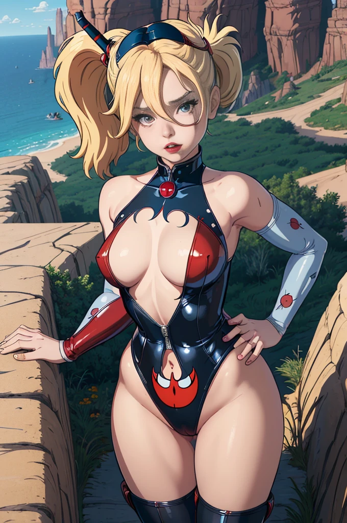 (masterpiece, best quality;1.3), extremely detailed picture, ultra detailed,harley quinn, valley of the wind in the background, hayao miyazaki,1girl, solo,  comics, bust shot,, looking at viewer,