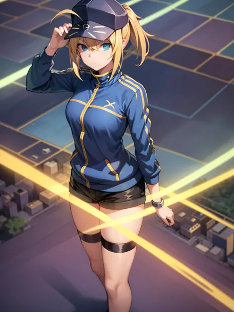 a giantess mysterious heroine x standing over a tiny cityscape, blonde hair, ahoge, blue track jacket, black shorts, blue baseba...