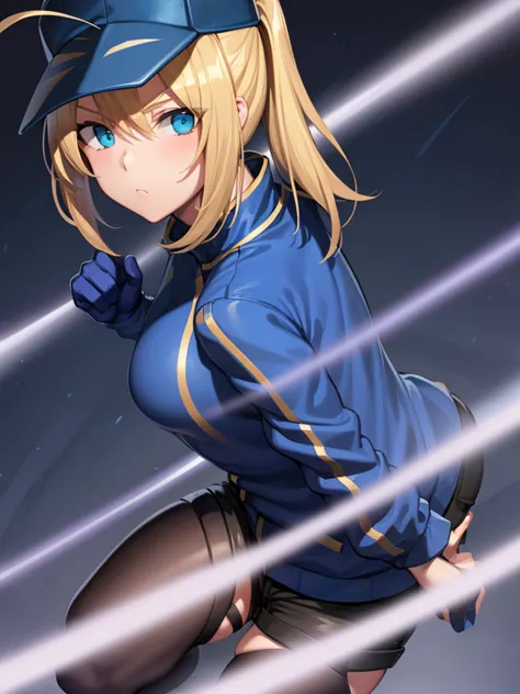 a giantess, mysterious heroine x towering over a tiny cityscape, blonde hair, ahoge, blue track jacket, black shorts, blue baseb...