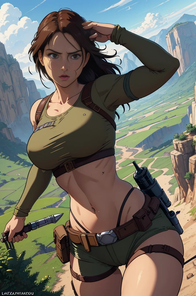 (masterpiece, best quality;1.3), extremely detailed picture, ultra detailed, lara croft, valley of the wind in the background, hayao miyazaki,1girl, solo,  comics, bust shot,, looking at viewer,