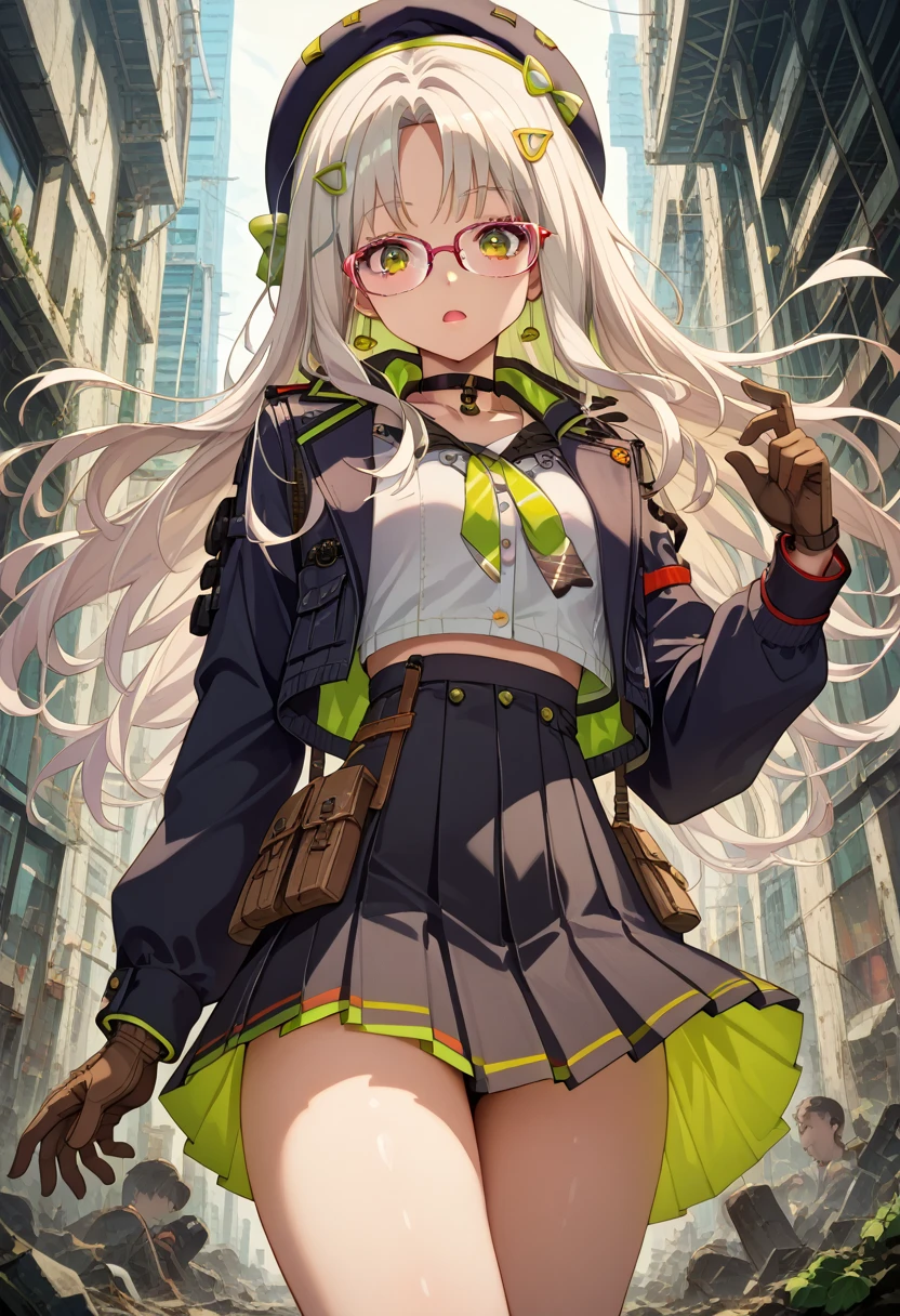 1girl, highres, character: neon (nikke), glasses, green eyes, looking at viewer, white hair, long hair, absurdres, pleated skirt, beret, thighs, open mouth, hairclip, black choker, closed mouth, brown gloves,score_9, score_8_up,score_7_up, masterpiece, best quality, perfect anatomy, very aesthetic, 8k