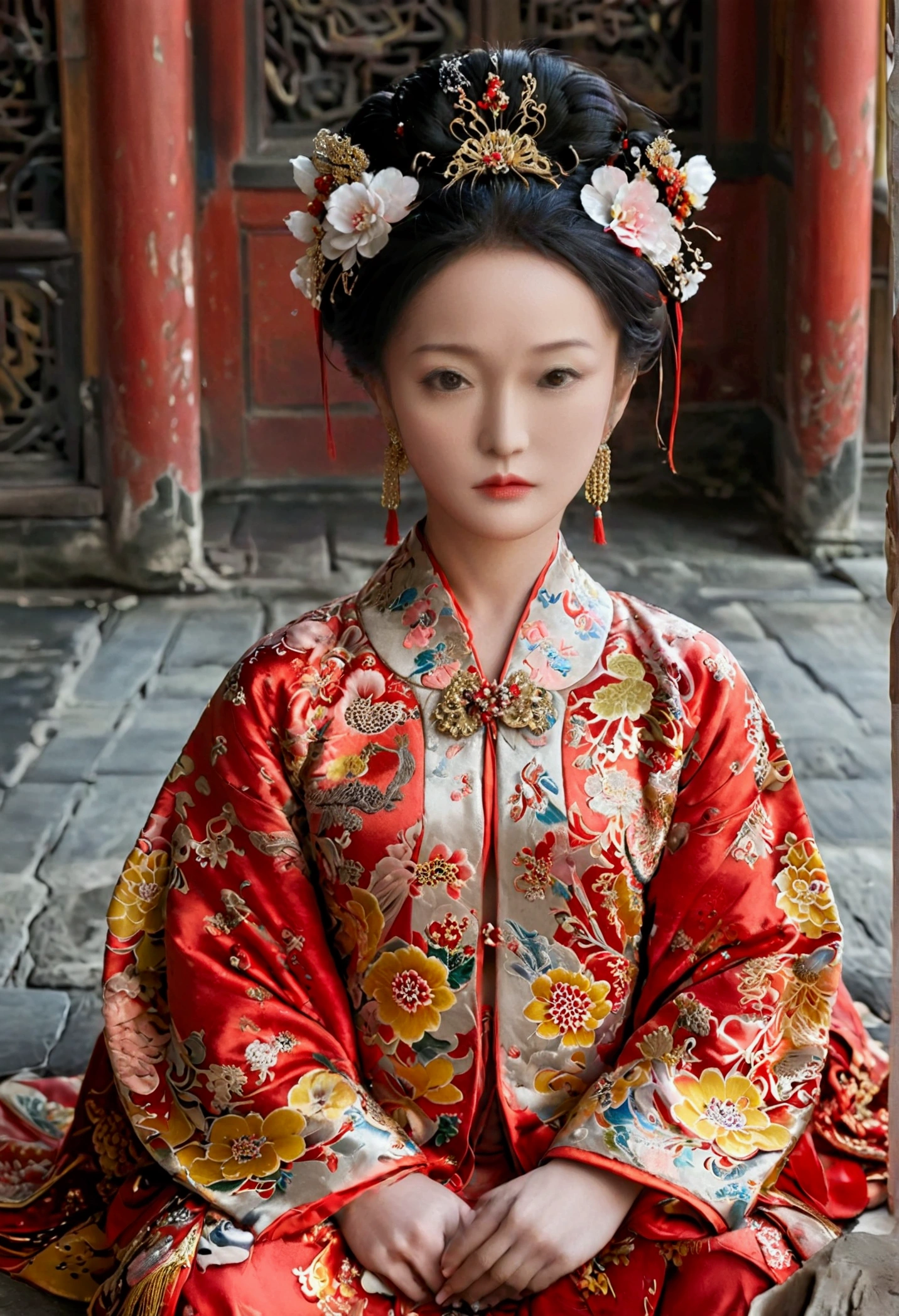 Female emperors of the Qing Dynasty, A naked woman wearing a red floral patterned Hanfu jacket, crouching with her legs open, seen from the front, Inside the Qing Dynasty Palace