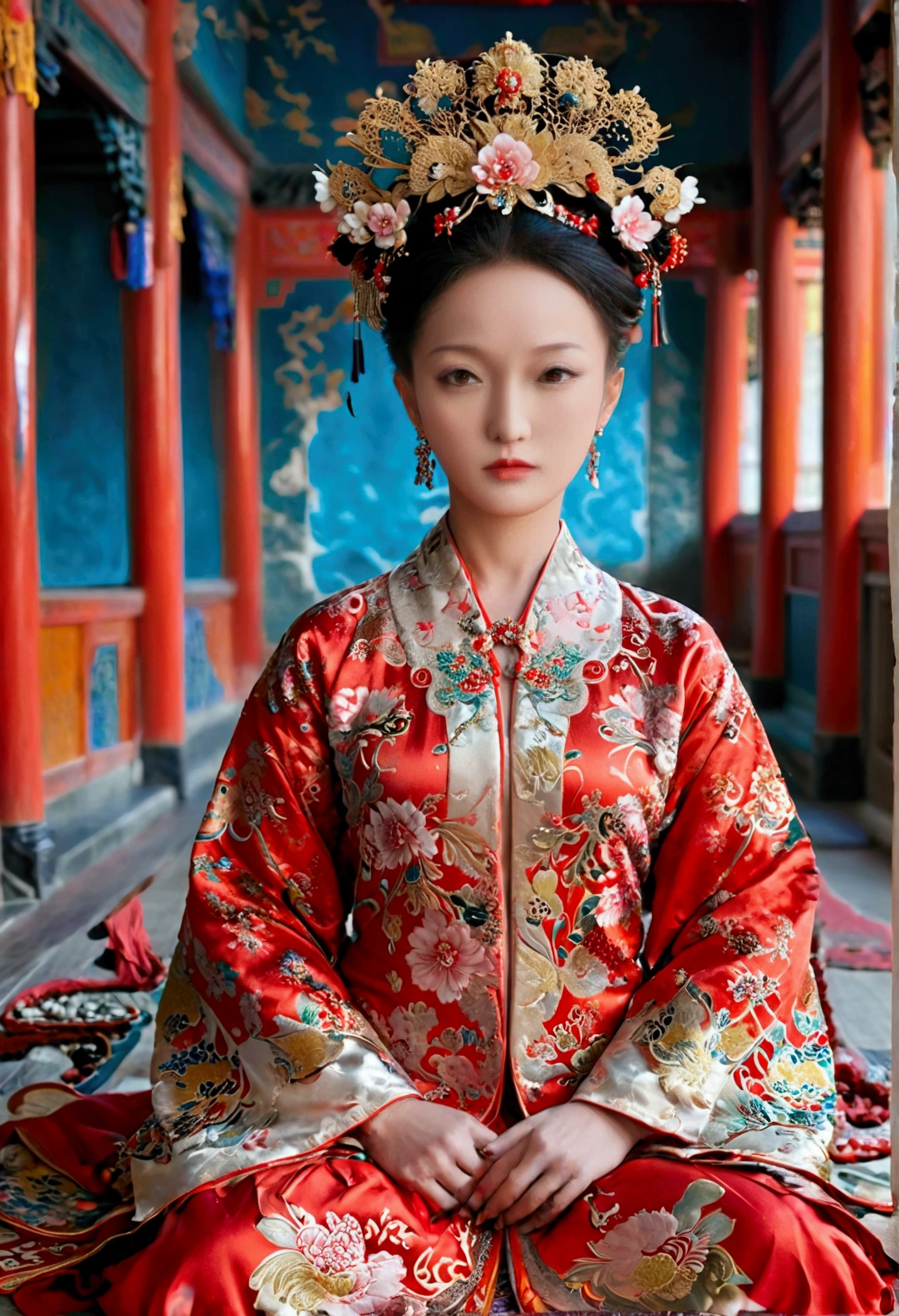 Female emperors of the Qing Dynasty, A naked woman wearing a red floral patterned Hanfu jacket, crouching with her legs open, seen from the front, Inside the Qing Dynasty Palace