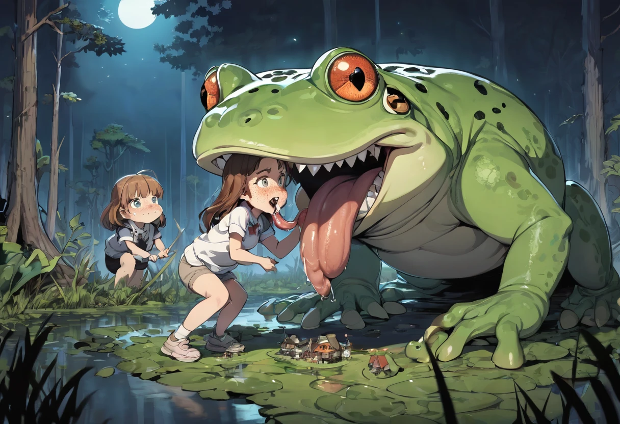 Anime style, sideview, swamp, night, vivid lighting, giantess, a giant frog woman with green frog skin rubbing her belly on all fours with a swollen oval potbelly crouches down to eat a small girl on the floor below her who is running away, one hand on belly, detailed skin, long tongue, sharp teeth, green savage hair, moles and freckles, medium breasts, licking her lips wickedly, drool, (swallowing food, throat bulge),