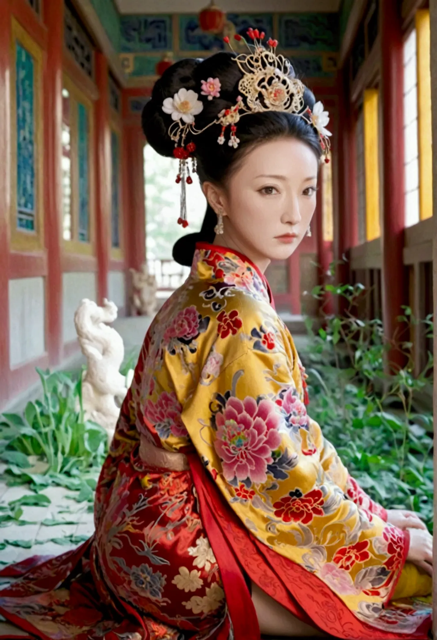 female emperors of the qing dynasty, a naked woman wearing a red floral patterned hanfu jacket, crouching with her legs open, se...