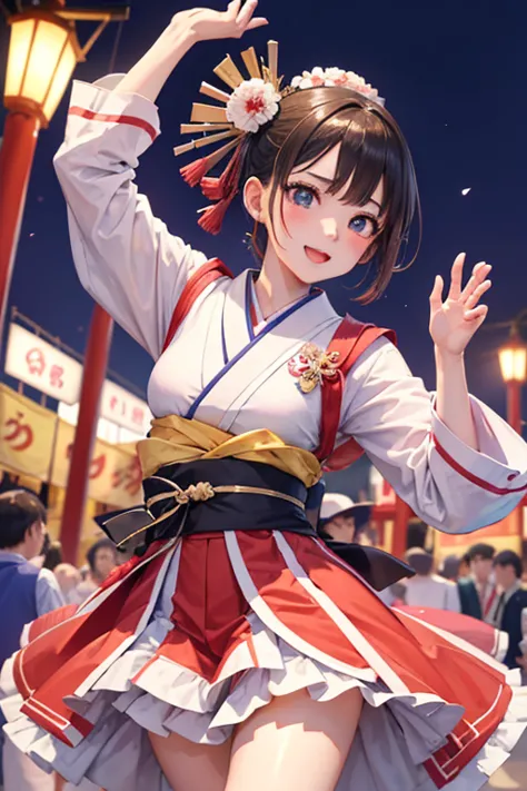 (japan bon odori,最高masterpiece,highest quality), hot august,bright vibrant anime art,people of all ages and genders dance and da...