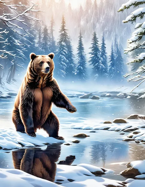 a brown bear stands on the bank of a forest river，striking a threatening pose,snow fairy tale