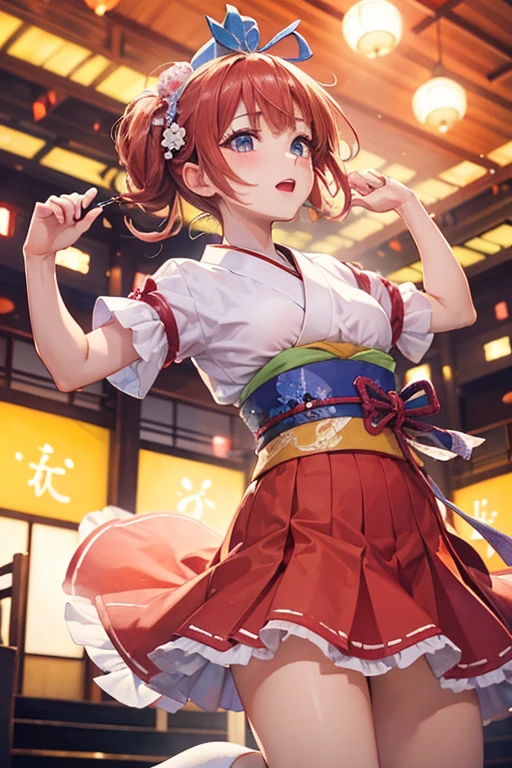 (Japan Bon Odori,最高masterpiece,Highest quality), Hot August,Bright vibrant anime art,People of all ages and genders dance and dance, Let&#39;s dance in yukata,Laughing and dancing, Showing white teeth,Men and women dance in a circle, masterpiece,Highest quality,High resolution,