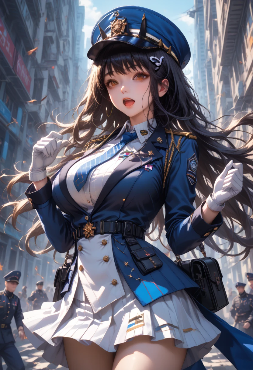 diesel (nikke), 1girl, highres, long hair, brown eyes, looking at viewer, black hair, white gloves,

large breasts, blue necktie, military hat, white shirt, standing, open mouth, military uniform, absurdres, blue hat, white skirt, collared shirt,score_9, score_8_up,score_7_up, masterpiece, best quality, perfect anatomy, very aesthetic, 8k