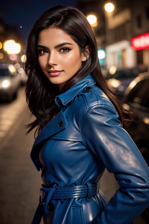 Best quality, realistic, from the front in first person, on the street, (a female mexican Supermodel), (A sexy blue leather trench coat:1.1), split, seductive smile, (dark hair), (hairstyle:1.0), Perfect eyes, sharp parts, detailed face, face-makeup, cheeks turn red, Eyeliner, eyeshadow, lip gloss, Supermodel, (Deep Focus), (hard lighting), (Night time), (realistic lighting:1.0)