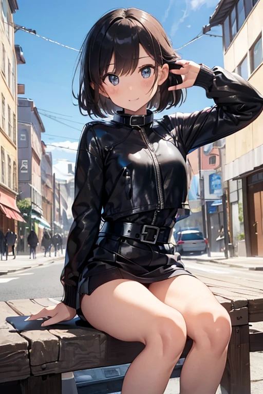 ((Highest quality)), ((masterpiece)), (detailed),Perfect Anatomy，Natural Light,In the city where buildings stand side by side,Night Scenery,A very cute, baby-faced, black-haired woman,((Highest quality, 8k, masterpiece: 1.3, )),A woman with very small breasts,Well-proportioned, slim body，Long, slender legs，Long, thin hands， detailedな顔, detailedな肌, fine grain, detailedな唇, detailedな舌, detailedな指, Mouth detailed, Beautiful teeth alignment,Realistic,  High resolution, Natural light, Dynamic pose,Toned Legs, double eyelid, Tear bags, Round eyes, Moist eyes,Moisturized lips,Long, flowing blonde hair,          (((Black leather collar,Wearing a black leather jacket,A black leather jumper that reveals the chest,Wearing a very short black leather miniskirt,White panties look good,Black leather belt at waist))),((spread your legs wide 1.9,Open your legs in an M shape..5,Woman sitting with knees up 1.4,A pose that emphasizes panties,I want to see more panties)),Poses that emphasize the uterus,A pose that gives a good view of the anus and pussy,