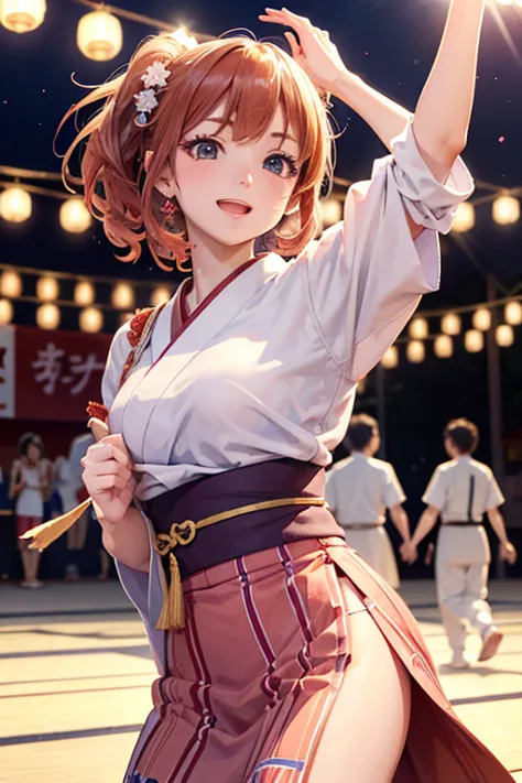 (japan bon odori,最高masterpiece,highest quality), hot august,bright vibrant anime art,people of all ages and genders dance and da...