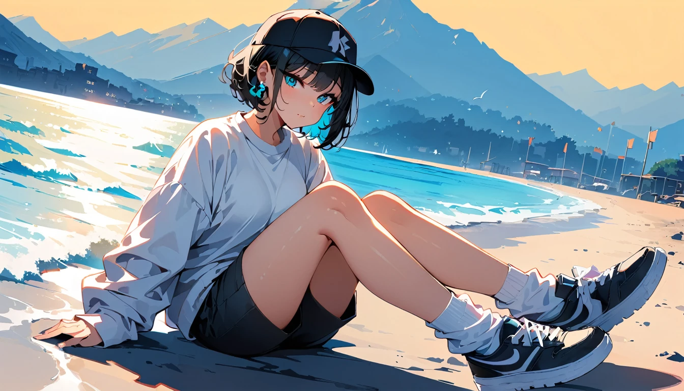 quality, 8k, 4K, High Contrast, masterpiece:1.2, 最high quality, Best aesthetics), ((1 female)),Sitting sideways on the ground, bright eyeshadow,((extra short hair)), (Blue sky and seaside background), (He was only wearing a grey long-sleeved sweatshirt.), ((Black shorts)),(white super loose socks), Looking at the audience, Transparent Background, (Staring at me), Sleepy eyes, High Contrast, Contrasting colors, Black Hair, Red eyes,, Small star-shaped earrings in both ears, ((low angle shot)), Black baseball cap,Lime green sneakers,big tits