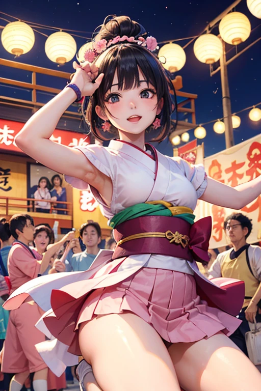 (Japan Bon Odori,最高masterpiece,Highest quality), Hot August,Bright vibrant anime art,People of all ages and genders dance and dance, Let&#39;s dance in yukata,Laughing and dancing, Showing white teeth,Men and women dance in a circle, masterpiece,Highest quality,High resolution,