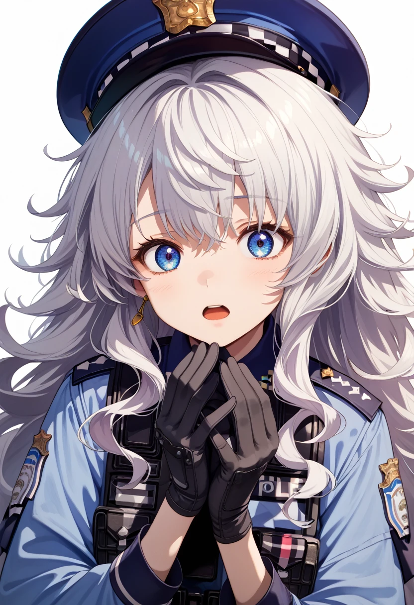 1girl, character: poli (nikke), blue eyes, highres, white hair, policewoman, very long hair, police hat, open mouth, looking at viewer, simple background, wavy hair, sidelocks, long hair, white background, black gloves, grey hair,score_9, score_8_up,score_7_up, masterpiece, best quality, perfect anatomy, very aesthetic, 8k