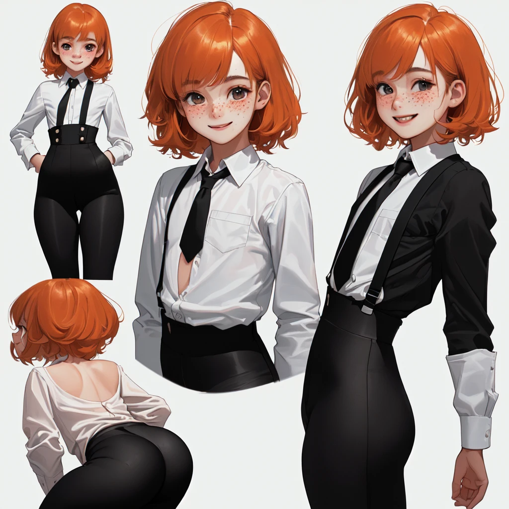 (((4K,masterpiece,best quality,ultra detailed,high resolution))),((from behind,long shot)),((solo)), (( teen)), small teenager, tiny teen, (((flat chest))) with short orange hair and dyed bangs, wearing a white dress shirt with long sleeves, (((high waist black pants))), braces and a tie, smiling with freckles, white background, multiple views,, big ass