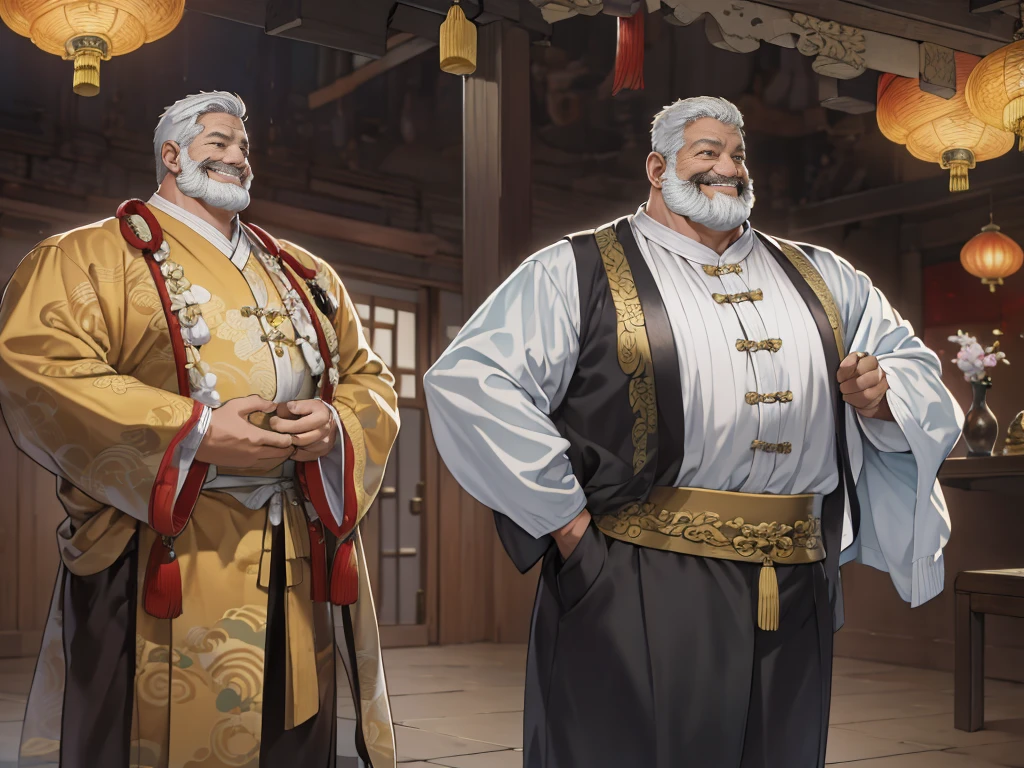 (ridiculous, high resolution, super detailed, realistic,), 1 middle-aged fat man, standing outside the door, 50 years old, nodding happily, hands on his back, head down, happy, happy, Qing dynasty style, gold theme robe, greasy, rich, rich man, room, ancient Chinese style, HD photo.