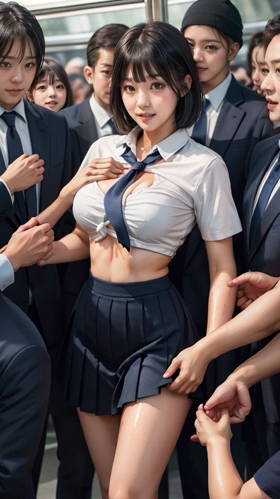 (molestation:1.8), japanese woman crying, (medium breasts), (white short sleeve shirt, darkblue neckribbon, pleated short skirt, darkbrown short length hair, bangs, ear:1.2), (Chest grab), in the train, ((grab your butt)), (Multiple men around her grab her breasts), Chest grab, multiple hands, masterpiece, highest quality, very detailed, molestation, crowd of Business men, crowd surfing, very realistic face, very realistic eyes, (crowd of men around her), (the person who grabs her body), (they squeezed her chest), molestation, masterpiece, highest quality, very detailed, 1 girl, multiple hands, (Grab her ass with the crazy crowd), Chest grab, (the men around her, squeezed her body), (Many Business people grab girls chests), Be beaten, pulling on clothes, very wet and sweaty, (grab clothes), (There are no women in the crowd:1.5), man with necktie