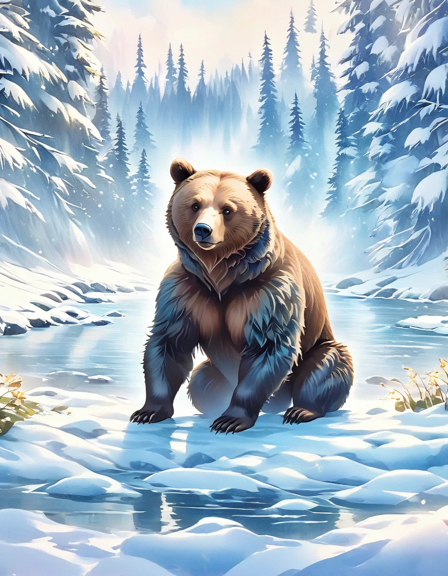 Ink style，A brown bear stands on the bank of a forest river，Striking a threatening pose,Snow Fairy Tale